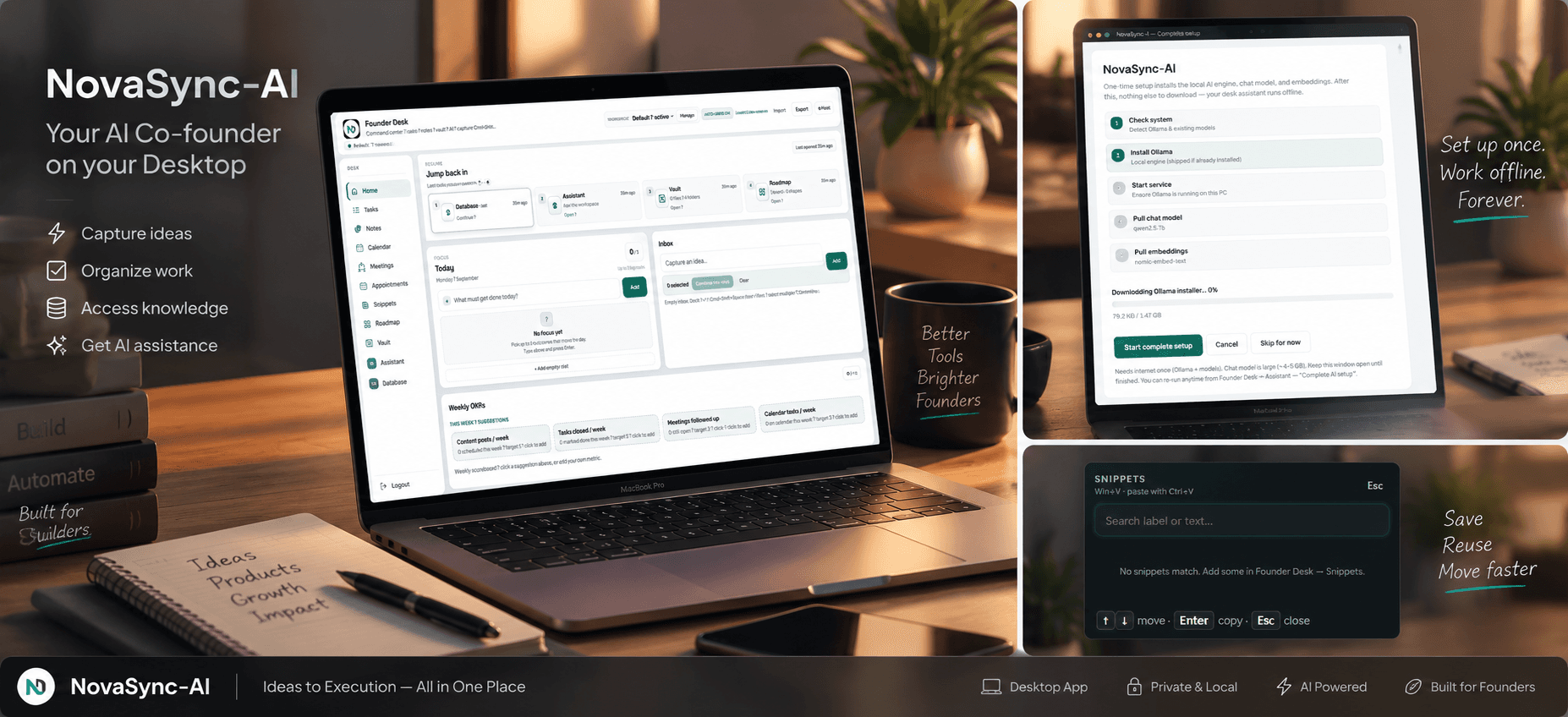 NovaSync-AI banner showing Founder Desk on a MacBook with local AI setup and snippets highlights