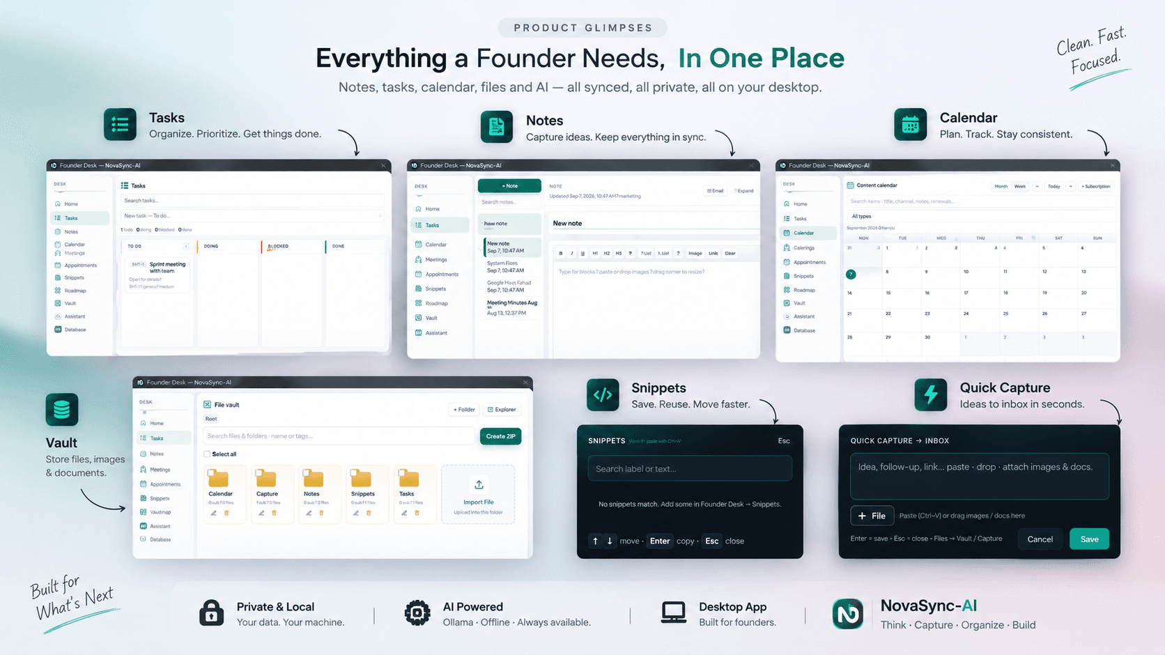 NovaSync Desk product glimpses covering Tasks, Notes, Calendar, Vault, Snippets, and Quick Capture